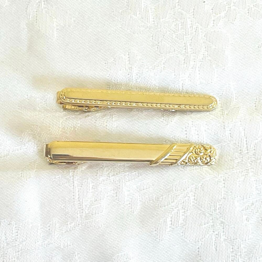 Tie Bar Clip Vintage 2 Embossed Border Classic Clasp Jewelry Gold Tone
